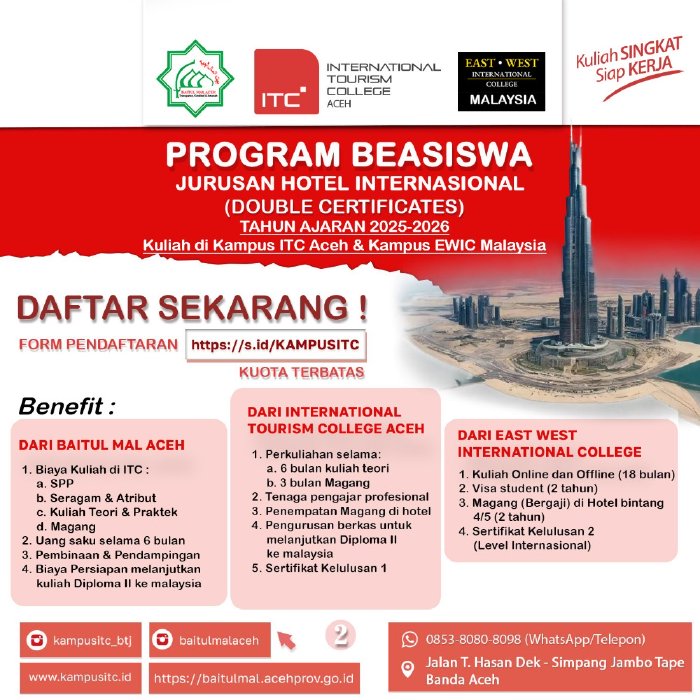 Kuliah Gratis hingga ke Malaysia BMA Buka Beasiswa Perhotelan untuk lulusan SMA/SMK/MA/Sederajat